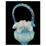 Vintage Fenton Blue Iridescent Cased Melon Ribbed Hand Painted Basket Hand Signed by Bill Fenton