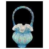 Vintage Fenton Blue Iridescent Cased Melon Ribbed Hand Painted Basket Hand Signed by Bill Fenton