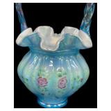 Vintage Fenton Blue Iridescent Cased Melon Ribbed Hand Painted Basket Hand Signed by Bill Fenton