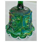 Fenton Vintage Sable Arch Green Iridescent Carnival 6” Glass Bell w/ 12 Crimps