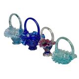 Vintage Four Vintage Fenton Glass Baskets including a Vintage Cobalt Blue Glass Fenton Basket
