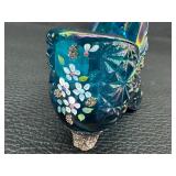 Three Collectible Fenton Shoe Figurines including a Fenton Glass Carnival Daisy Button Teal Blue Shoe Figurine