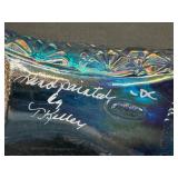 Three Collectible Fenton Shoe Figurines including a Fenton Glass Carnival Daisy Button Teal Blue Shoe Figurine