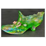 Three Collectible Fenton Shoe Figurines including a Fenton Glass Carnival Daisy Button Teal Blue Shoe Figurine