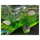 Three Collectible Fenton Shoe Figurines including a Fenton Glass Carnival Daisy Button Teal Blue Shoe Figurine