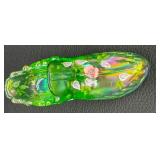 Three Collectible Fenton Shoe Figurines including a Fenton Glass Carnival Daisy Button Teal Blue Shoe Figurine