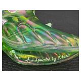 Three Collectible Fenton Shoe Figurines including a Fenton Glass Carnival Daisy Button Teal Blue Shoe Figurine