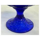 Cobalt 95th Anniversary Blue Fenton Glass Basket with Clear Twisted Handle and Ruffle Edge