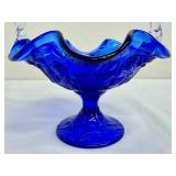 Cobalt 95th Anniversary Blue Fenton Glass Basket with Clear Twisted Handle and Ruffle Edge