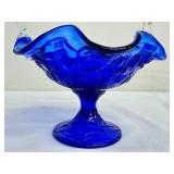 Cobalt 95th Anniversary Blue Fenton Glass Basket with Clear Twisted Handle and Ruffle Edge