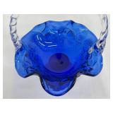Cobalt 95th Anniversary Blue Fenton Glass Basket with Clear Twisted Handle and Ruffle Edge