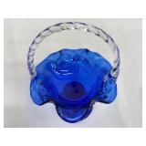 Cobalt 95th Anniversary Blue Fenton Glass Basket with Clear Twisted Handle and Ruffle Edge