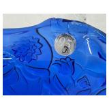 Cobalt 95th Anniversary Blue Fenton Glass Basket with Clear Twisted Handle and Ruffle Edge