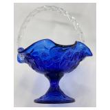 Cobalt 95th Anniversary Blue Fenton Glass Basket with Clear Twisted Handle and Ruffle Edge