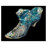 Three Collectible Fenton Shoe Figurines including a Fenton Glass Carnival Daisy Button Teal Blue Shoe Figurine