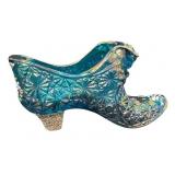 Three Collectible Fenton Shoe Figurines including a Fenton Glass Carnival Daisy Button Teal Blue Shoe Figurine