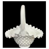 Vintage Fenton Blue White Slag Glass Ruffled Hobnail Crimped Handle Basket and Vintage Fenton Hobnail Milk Glass Basket