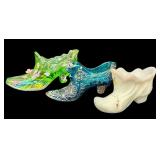 Three Collectible Fenton Shoe Figurines including a Fenton Glass Carnival Daisy Button Teal Blue Shoe Figurine