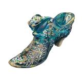 Three Collectible Fenton Shoe Figurines including a Fenton Glass Carnival Daisy Button Teal Blue Shoe Figurine
