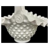 Vintage Fenton Blue White Slag Glass Ruffled Hobnail Crimped Handle Basket and Vintage Fenton Hobnail Milk Glass Basket