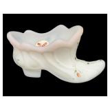 Three Collectible Fenton Shoe Figurines including a Fenton Glass Carnival Daisy Button Teal Blue Shoe Figurine