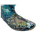 Three Collectible Fenton Shoe Figurines including a Fenton Glass Carnival Daisy Button Teal Blue Shoe Figurine