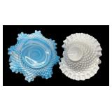 Vintage Fenton Blue White Slag Glass Ruffled Hobnail Crimped Handle Basket and Vintage Fenton Hobnail Milk Glass Basket