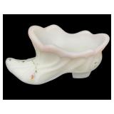 Three Collectible Fenton Shoe Figurines including a Fenton Glass Carnival Daisy Button Teal Blue Shoe Figurine