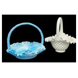 Vintage Fenton Blue White Slag Glass Ruffled Hobnail Crimped Handle Basket and Vintage Fenton Hobnail Milk Glass Basket