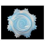 Vintage Fenton Blue White Slag Glass Ruffled Hobnail Crimped Handle Basket and Vintage Fenton Hobnail Milk Glass Basket