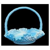 Vintage Fenton Blue White Slag Glass Ruffled Hobnail Crimped Handle Basket and Vintage Fenton Hobnail Milk Glass Basket