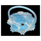 Vintage Fenton Blue White Slag Glass Ruffled Hobnail Crimped Handle Basket and Vintage Fenton Hobnail Milk Glass Basket
