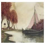 Vintage "The River in Flanders" Framed Colored Etching by Julien Van Santen