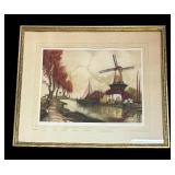 Vintage "The River in Flanders" Framed Colored Etching by Julien Van Santen