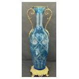 Antique Brass Accented Blue Cut to Clear Vase