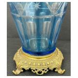 Antique Brass Accented Blue Cut to Clear Vase