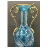 Antique Brass Accented Blue Cut to Clear Vase