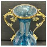 Antique Brass Accented Blue Cut to Clear Vase