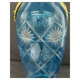 Antique Brass Accented Blue Cut to Clear Vase