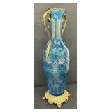 Antique Brass Accented Blue Cut to Clear Vase