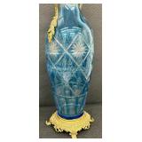 Antique Brass Accented Blue Cut to Clear Vase