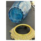 Antique Brass Accented Blue Cut to Clear Vase