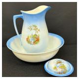 Beautiful Vintage Wash Basin, Pitcher and Covered Soap Dish