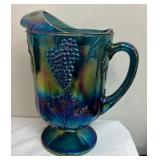 Vintage Indiana Glass Blue Carnival Glass Pedestal Pitcher in Harvest Grape Pattern