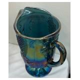 Vintage Indiana Glass Blue Carnival Glass Pedestal Pitcher in Harvest Grape Pattern