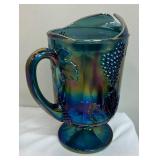 Vintage Indiana Glass Blue Carnival Glass Pedestal Pitcher in Harvest Grape Pattern