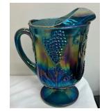 Vintage Indiana Glass Blue Carnival Glass Pedestal Pitcher in Harvest Grape Pattern