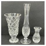 Three Elegant Waterford Crystal Vases including a Waterford Kinsdale Crystal Footed Floral Vase
