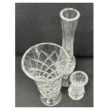 Three Elegant Waterford Crystal Vases including a Waterford Kinsdale Crystal Footed Floral Vase