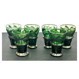Set of Six Vintage Bohemian Emerald Green Cordial Glasses